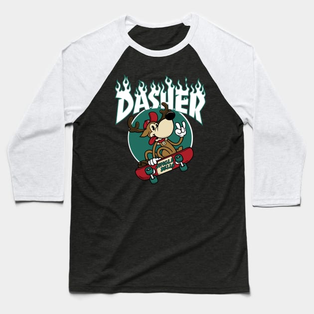 Dasher - Skateboarding Reindeer - Funny Xmas Cartoon Baseball T-Shirt by Nemons